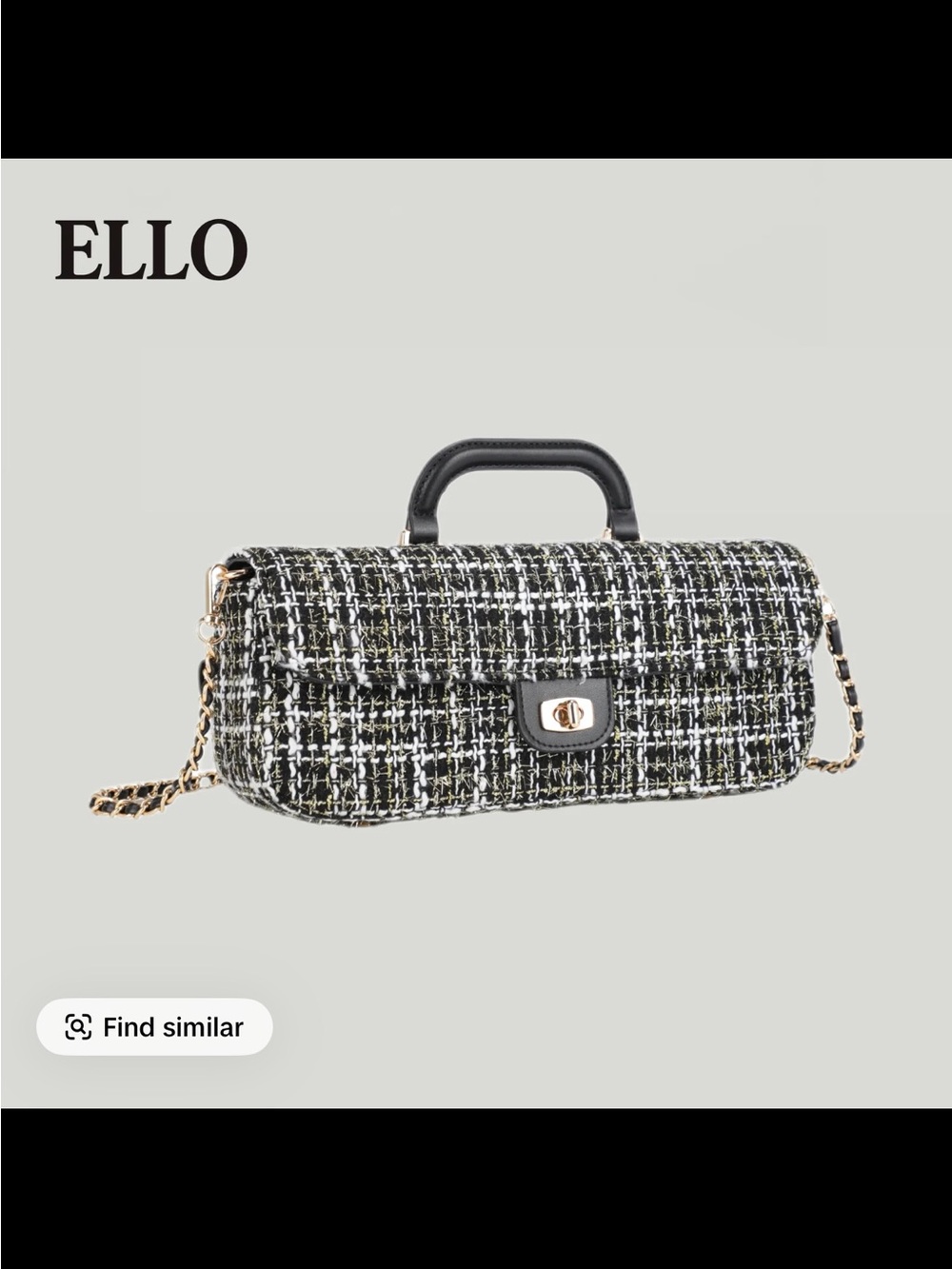 ELLO Black & White Tweed Shoulder Bag with Chain Strap